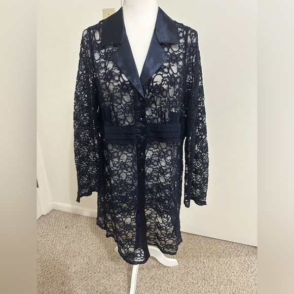 Susan Graver Tops - Susan Graver Navy Sheer Lace Button Front Tunic Blouse Sz PXL